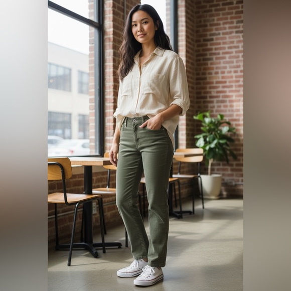 American Eagle Outfitters Denim - American Eagle Martini  Olive Green Corduroy 90’s Straight leg jeans size 10